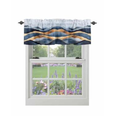 Imagem de Cortina sanfonada para janelas abstrata azul dourado montanha listras haste bolso sanefa tratamentos arte moderna cortinas curtas para cozinha janelas sala de estar quarto decoração 137 x 45 cm