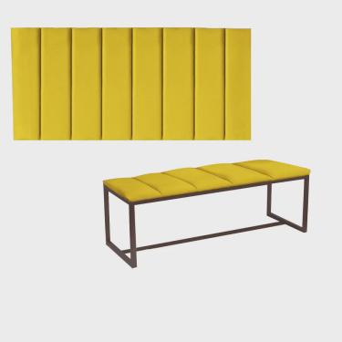 Imagem de Kit Painel Carla e Calçadeira Industrial 195cm King Size Box Ferro Marrom Corino Amarelo - Ahz Móveis