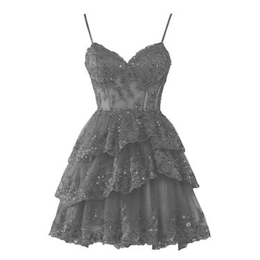 Imagem de Vestidos de baile para adolescentes 2025 alças tule camadas brilhantes espartilho curto formal festa vestidos, Preto, 23 Plus size