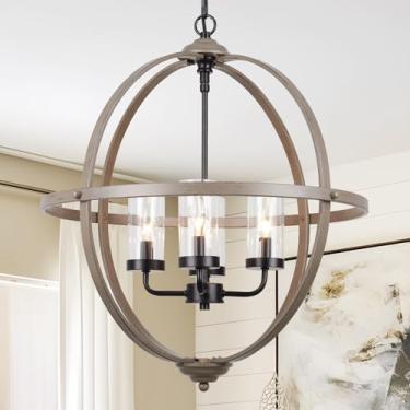 Imagem de Treekee Lustre De Fazenda, Lustre Industrial Rústico De 17" Com Esfera Em Formato De Globo, Com Textura De Madeira, 4 Luzes Para Sala De Jantar, Entrada, Cozinha, Ilha, Hall De Entrada
