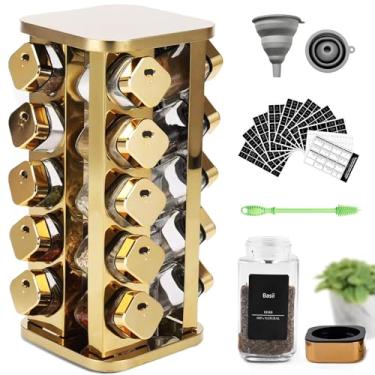 Imagem de Prateleira de temperos de aço inoxidável de cozinha com 20 latas de vidro de grau alimentício - suporte vertical rotativo com etiqueta de tempero 275 e rack de tempero de bancada rack de armazenamento