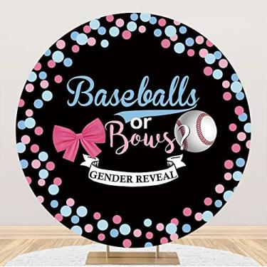 Imagem de Laeacco Basebol ou laço revelador de gênero pano de fundo redondo 18 x 18 m, capa de círculo para meninos ou meninas, rosa ou azul, decoração de chá de bebê, faixa de fotos