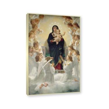 Imagem de Moldura dourada champanhe. Impressões de arte William Adolphe Bouguereau - Pintura de retrato - (A Virgem com Anjos) - Pôster temático de mitologia grega - Pôster de decoração de parede vintage. 60 x