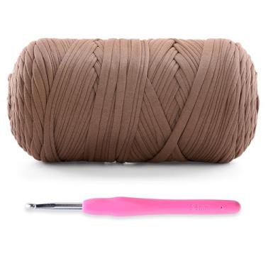 Imagem de Fio de camiseta macio para crochê, fios de camiseta para artesanato de crochê, bolsas, cesta, porta-copos - 400 g/130 metros com 1 agulha de crochê (1, cor café)