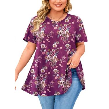 Imagem de splensive Túnica feminina plus size, manga curta, gola redonda, rodada, folgada, para usar com leggings, Túnica magenta floral, 3G