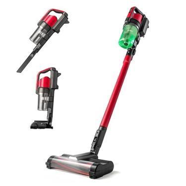 Imagem de IRIS LIVING Aspirador de pó sem fio, cabeça elétrica de 28 cm, design autônomo, carregamento rápido, tempo de execução de 50 minutos, sensor de poeira LED, vermelho