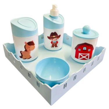 Imagem de Kit Higiene Baby Cowboy Menino c/bandeja em MDF - Dóia Kids, Quadrada 