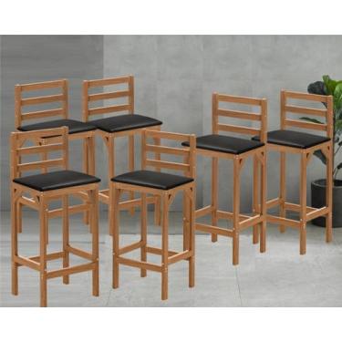 Imagem de Kit 6 Banquetas Rústica Alta em Madeira com Encosto Estofado Preto par