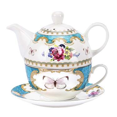 Imagem de fanquare Conjunto de chá de porcelana inglesa para um conjunto, bule de chá floral com xícara, xícara de chá azul e pires