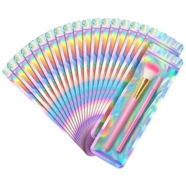Imagem de FUNFERY Pacote com 100 sacos holográficos transparentes para lembrancinhas de festa de doces, bolsa com zíper Mylar, bolsa de embalagem para caneta, joias, sabonete, pincéis, suprimentos para pequenas