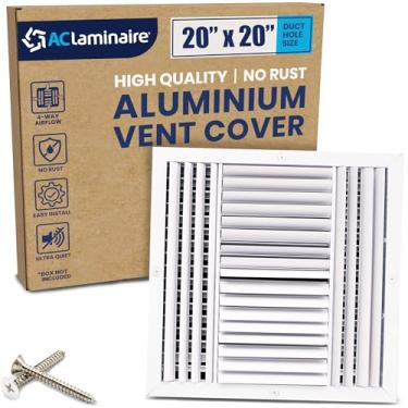 Imagem de Tampa de ventilação de ar de 20 x 20 para teto em alumínio, difusor de ventilação HVAC. Direção de ar de 4 vias com lâminas curvas ajustáveis. O orifício do duto deve medir 29,5 cm x 29,5 cm para