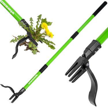 Imagem de Extrator de ervas daninhas, ferramenta de remoção de ervas daninhas em pé, ferramenta removível de remoção de raiz de ervas daninhas, com cabeça de aço de 4 garras e cabo longo de 3 seções para