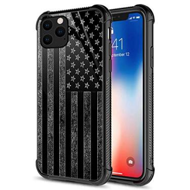 Imagem de ZHEGAILIAN Capa compatível com iPhone 12/12 Pro, capa preta e branca com bandeira americana, parte traseira de vidro temperado + capa protetora de TPU de silicone macio para iPhone 12/12 Pro.