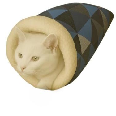Imagem de Saco de dormir para gatos Saco de dormir de pelúcia Cama de pelúcia para animais de estimação Aconchegante e confortável(Geometric Azul)