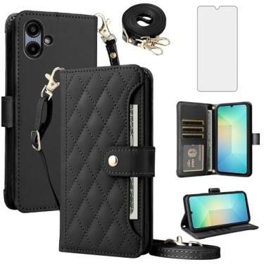 Imagem de Furill Capa de celular para Samsung Galaxy A06 5G carteira celular com película de vidro temperado alça flip suporte de cartão de crédito acessórios suporte cordão pulso Ao6 A 06 4G LTE mulheres