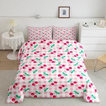 Imagem de Jogo de cama de casal com desenho animado cereja, quadriculado geométrico, xadrez, patchwork, decoração de quarto de meninas e mulheres, edredom moderno abstrato quadriculado, rosa romântico, 2