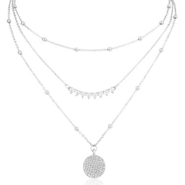 Imagem de 3pcs Colares Camadas para Mulheres, Conjunto Colares Empilháveis Gargantilha Ajustável Pingente Disco Redondo e Beads Zircônia Cúbica Presente de Joia Moderna (Prateado)
