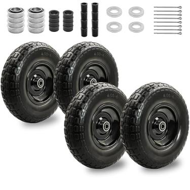 Imagem de 4 peças 4.00-6 pneus e rodas sem plano, pneu sólido de borracha de 33 cm, com rolamento de 1,5 cm e 3/10.2 cm, comprimento do cubo centralizado de 4,6 a 9,7 cm, pneu e roda de 4,00-6 adequado para