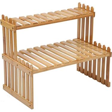 Imagem de Prateleira organizadora de bambu de 37 cm/47 cm, 2 camadas, prateleira organizadora de mesa ajustável, para decoração de escritório, prateleira de mesa, prateleira de cozinha (47 cm de comprimento)