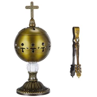 Imagem de Zonon Queimador de incenso católico com pinça, metal polido, carvão, latão, suporte para incensário, igreja, cristã, cones, cruz, 19 cm, ornamento de fragrância de aromaterapia (Bronze)