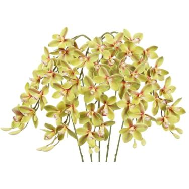 Imagem de IPOPU 5 peças de orquídeas de toque real, flores de látex verde, hastes artificiais de orquídea para festa de casamento, buquê de noiva, mesa central, arranjo de mesa, escritório, decoração de casa