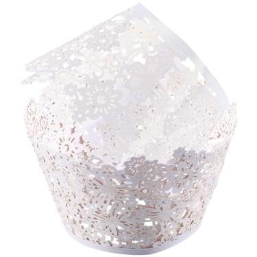 Imagem de CREATCABIN 50 peças de envoltórios brancos para cupcake copos de bolo torre envoltórios artísticos para assar bolos copos de papel pequenos vinhas rendas corte a laser forro copo de cozimento muffin