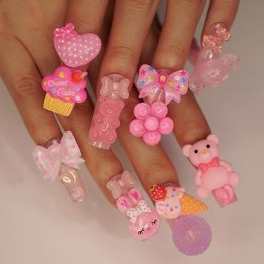 Imagem de Unhas postiças quadradas de pressão longa com pingentes unhas de acrílico rosa nude design de urso de coração fofo cola em unhas reutilizáveis artificiais cobertura completa para mulheres e meninas