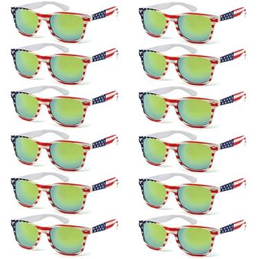 Imagem de QYVEWY Pacote com 12 óculos de sol com bandeira americana para adultos clássicos Patriota 4 de julho suprimentos para o Dia da Independência, Lente dourada 12