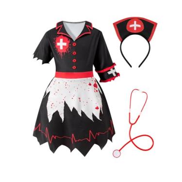 Imagem de bakjuno Kids Girl's Scary Zombie Nurse Skirt Bloody Horror Nurse Outfit With Accessories (Black,11-12 Years)