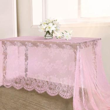 Imagem de B-COOL 5 peças de toalha de mesa vintage de renda retangular, 152 x 300 cm de comprimento, rosa bordada, para decoração rústica de festas de casamento
