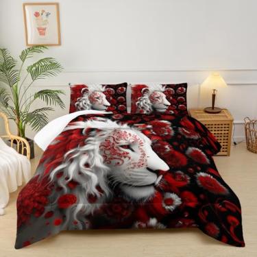 Imagem de lneffble Conjunto de edredom masculino casal com estampa de leão vermelho e preto, floral, com 1 edredom e 2 fronhas