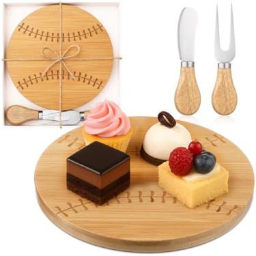 Imagem de Chengu Tábua de corte em forma de beisebol, conjunto de presente com facas de queijo, bandeja de servir de madeira de bambu para homens, amantes de treinadores de beisebol, presente para festas