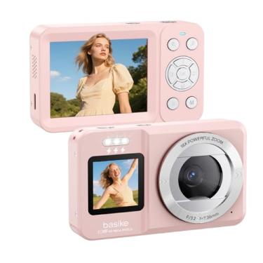 Imagem de Basike Câmera Fotográfica Digital 4K UHD 64MP, Zoom 18X, Tela Dupla com Flash, Foco Automático e Time-Lapse, para Iniciantes, Jovens e Viagens, Compacta, Criativa e Portátil – Rosa
