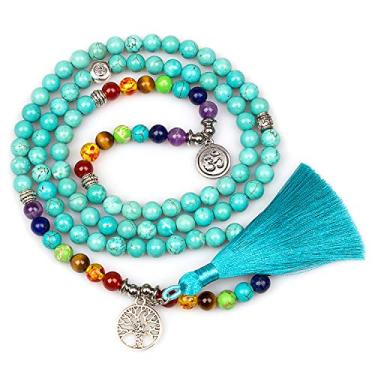Imagem de PWMENLK Colar com 108 contas Mala, 7 chacras budistas, oração budista, pingente árvore da vida, pingente de pedra curativa, colar de ioga, Regular, Pedra, Pedra preciosa natural