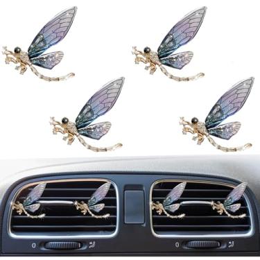 Imagem de 4 peças de clipes de ventilação de libélula brilhante, lindos clipes de ventilação de purificadores de ar de carro, clipe de ventilação difusor automático de diamante de strass para mulheres e meninas