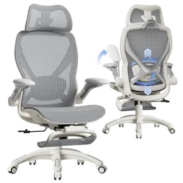 Imagem de ELABEST Cadeira de escritório ergonômica X100 com apoio para os pés, cadeira de mesa grande e alta com braços dobráveis 5D, suporte lombar 3D ajustável, cadeira de computador com encosto alto