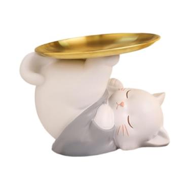 Imagem de Generic Estátua de gato de resina com bandeja porta-chaves, prato de doces multifuncional, joias e brincos para sala de estar e quarto