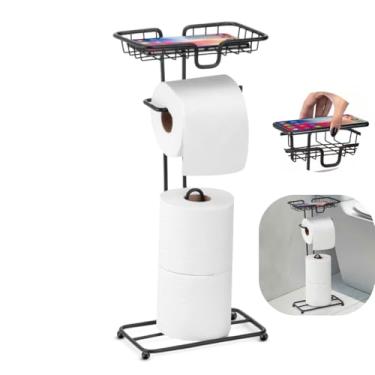 Imagem de Suporte Preto Em Aço Porta Papel Higiênico Dispenser Com Porta Celular ou Caixa De Lenço Umedecido - Design Moderno - Solução Prática Para Banheiro E Lavabo