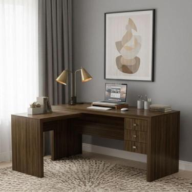 Imagem de Mesa de Escritório em L com 3 Gavetas - Nogal - Tecno Mobili, Nogal