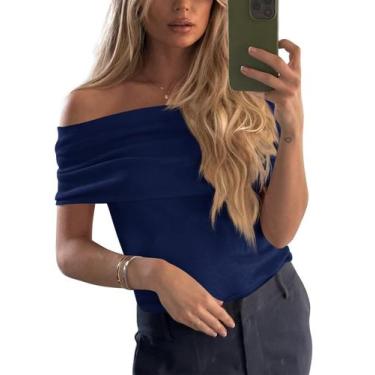 Imagem de Blusa Imily Bela Off The Shoulder, tricotada em azul marinho, para mul