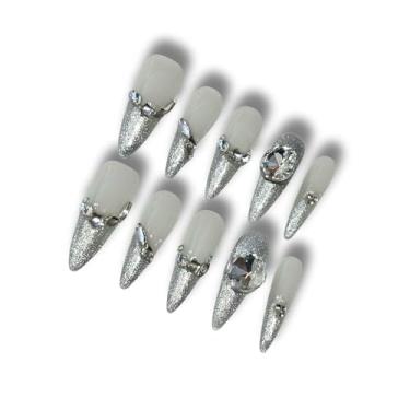 Imagem de Yabonica Unhas de pressão de luxo, cinza, estilete longo com cola, unhas feitas à mão, unhas adesivas naturais, cola de strass com design de berloque para mulheres (056 grande)