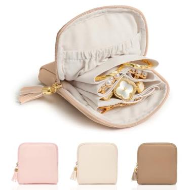 Imagem de WOOMADA Estojo organizador de joias de viagem de veludo – Bolsa compacta de armazenamento de joias com zíper para anéis, pulseiras, brincos – Presente de viagem perfeito para mulheres (marrom)