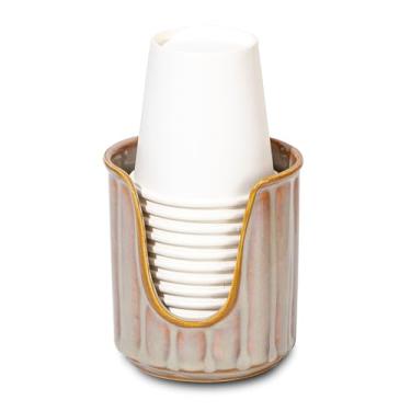 Imagem de TANEW Dispensador de copos de cerâmica para banheiro com listras verticais elegantes - Porta-copos Dixies para enxaguante bucal comporta copos de papel de 85 g para enxaguar copos em bancadas de
