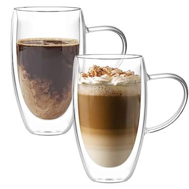 Imagem de LYTDMSKY Conjunto de canecas de café de vidro de parede dupla, canecas de vidro isoladas transparentes para bebidas quentes, adequadas para chá, latte, expresso, cappuccino (473 ml com alça - conjunto
