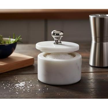 Imagem de KLEO Suporte de sal e especiarias de mármore com tampa | Recipiente pequeno (5 x 7,6 cm) | Caixa de sal/recipiente de pedra branca para cozinha e jantar | Suporte de saunf