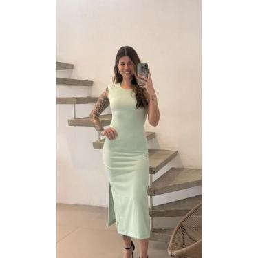 Imagem de Vestido Midi Feminino Canelado com Fenda - Cacharrel Store, Verde ment