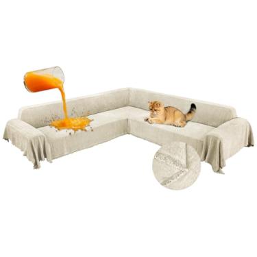 Imagem de ROFASVCO 1OO% capas de sofá seccionais de canto à prova d'água em forma de L com borla, macia, grossa, lavável, protetor de móveis para cães de estimação (231 x 640 cm, bege)