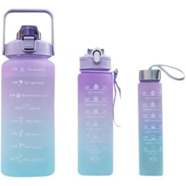 Imagem de Kit 3 Garrafas de Água Degrade com Adesivos, 2L, 900ml, 300ml, com Alça Removível e Figurinhas