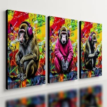 Imagem de Kit 3 Quadro Decorativo Macaco Graffiti Colorido Pichação Qualidade Premium Quarto (28x20cm)