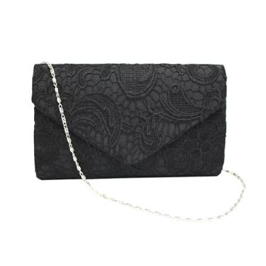 Imagem de Bolsas de mão para mulheres, bolsa de noiva, bolsa para noite, casamento, noiva, bolsa mensageiro de renda, bolsa envelope de festa, Preto, One Size